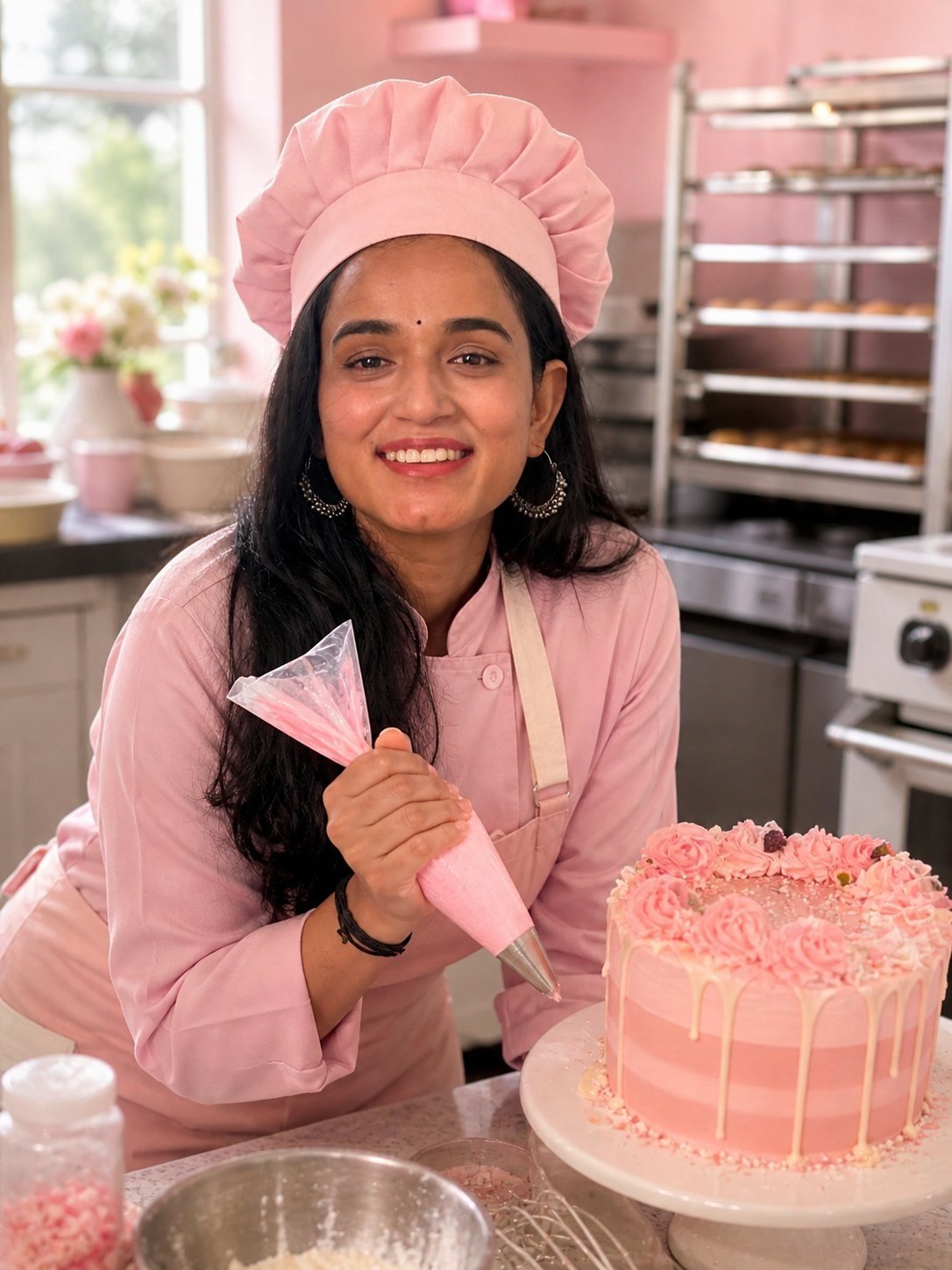 Pastry Chef Jyoti Mahawar in her pink bakery kitchen